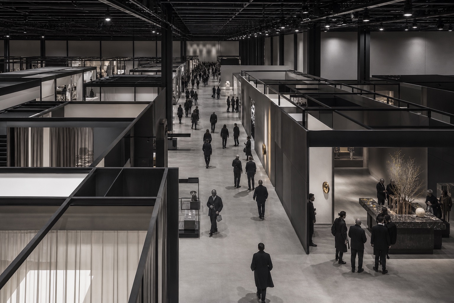 Elevated view across a structured exhibition hall with visitors moving through modular stands.