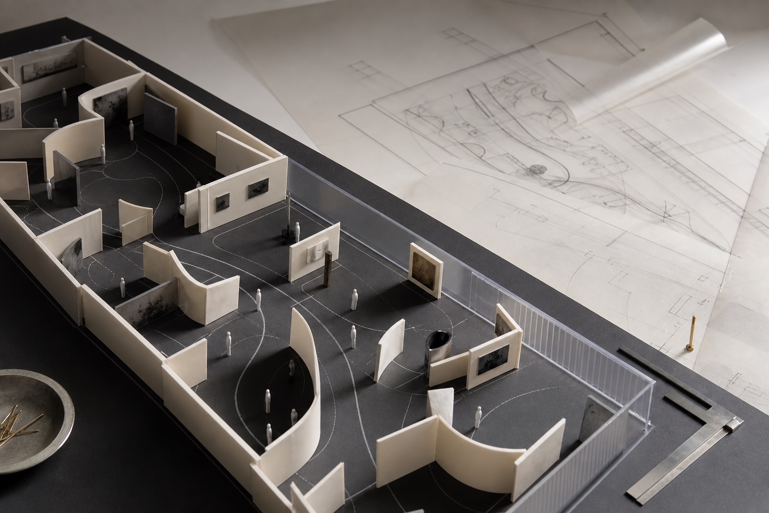 A modular exhibition scale model showing walls, visitor routes, and planning overlays.