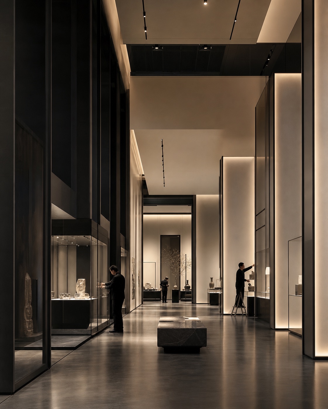 A completed exhibition environment during final installation before opening.