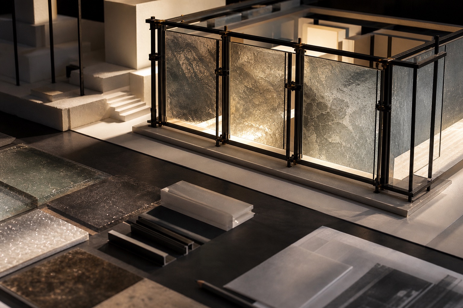 A material and lighting study with blackened steel, mineral glass, and ivory structures.