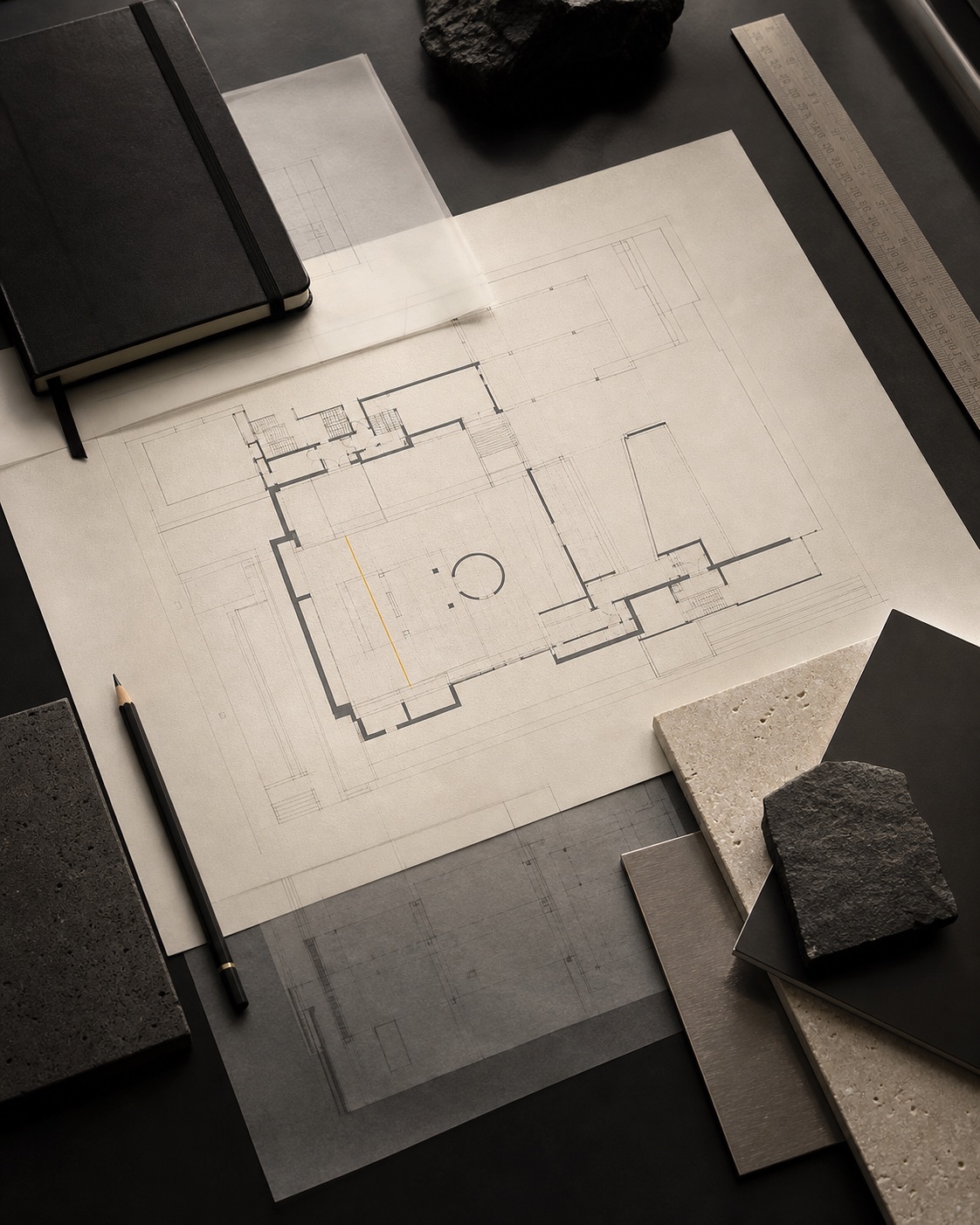 Architectural floor plans, tracing paper, and material samples arranged on a dark worktable.