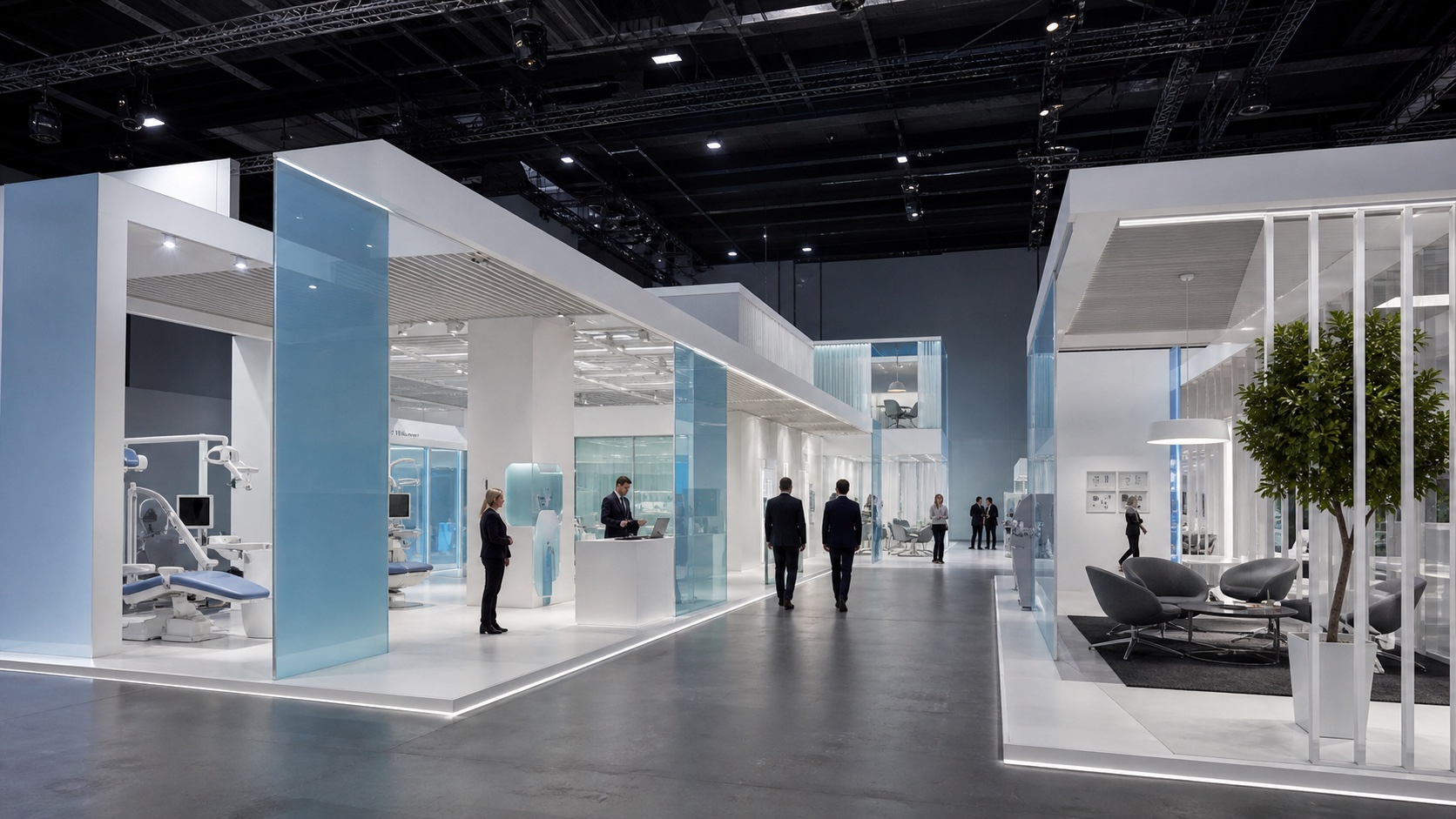 Bucharest Dental Expo concept with modular white structures and blue glass panels.